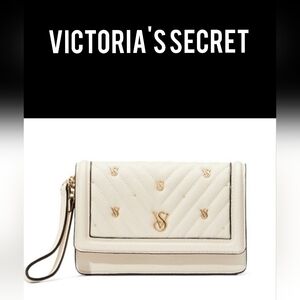 NWT! VICTORIA'S SECRET BISCOTTI CREAM GOLD LOGO STUDDED WALLET/CLUTCH